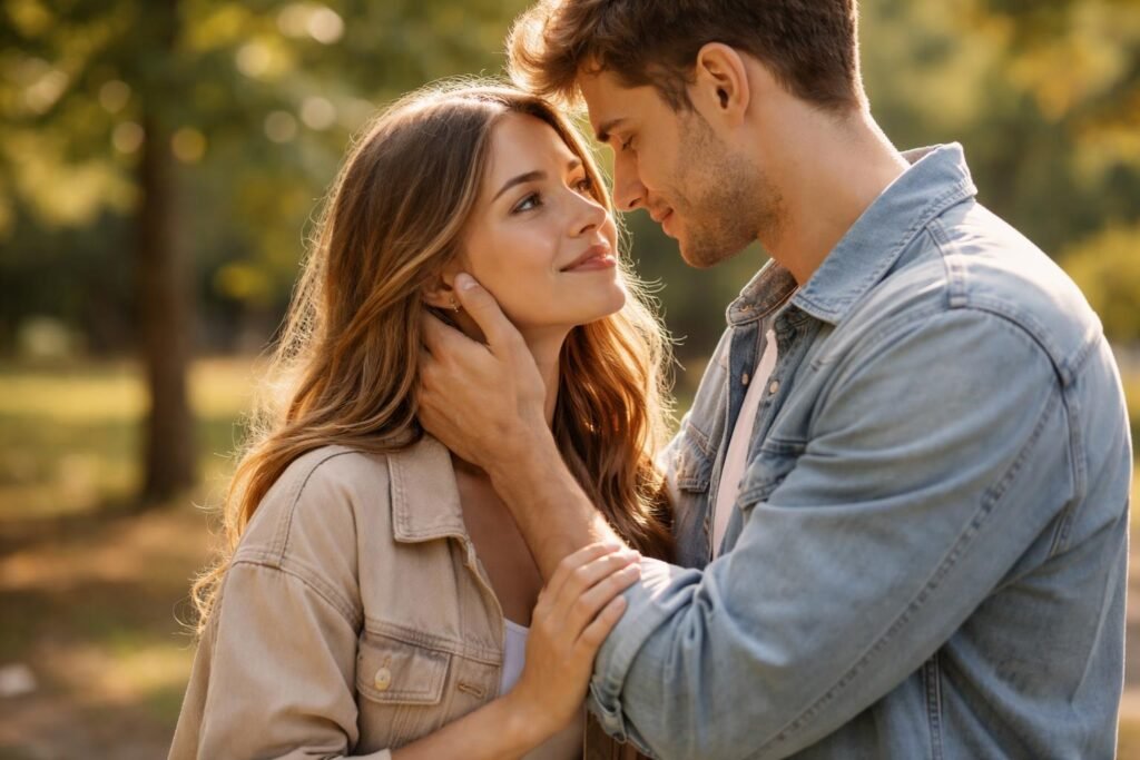 Fiatal pár romantikus pillanata a természetben