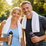 Fitt pár edzés után a természetben, vidám mosollyal.