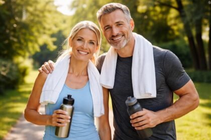 Fitt pár edzés után a természetben, vidám mosollyal.