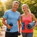 Fitt idősek edzés közben a szabadban, kézi súlyzókkal és sportfelszereléssel.