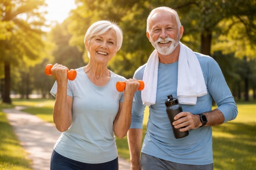 Idősebb pár edz a parkban, súlyzók és vízpalack társaságában.