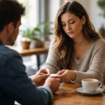 Két ember beszélget egy kávézóban a szakításról.