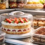 Frissen tárolt krémes torta eperrel egy hűtőszekrényben.