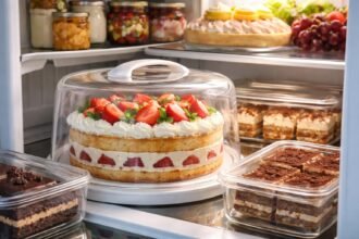 Frissen tárolt krémes torta eperrel egy hűtőszekrényben.