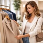 Nő blézert választ egy boltban, figyelve a stílusra és szabásra.