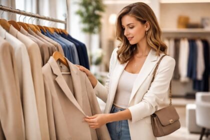 Nő blézert választ egy boltban, figyelve a stílusra és szabásra.