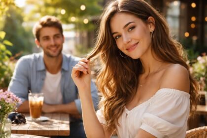 Egy nő mosolyogva néz a kamerába, miközben egy férfi is figyeli őt.