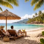 Pár a tengerparton napernyő alatt, trópusi környezetben