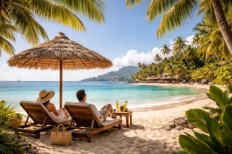 Pár a tengerparton napernyő alatt, trópusi környezetben