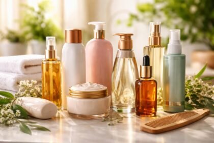 Hajápoló kozmetikumok és eszközök, amelyek egészséges és fényes hajat biztosítanak.