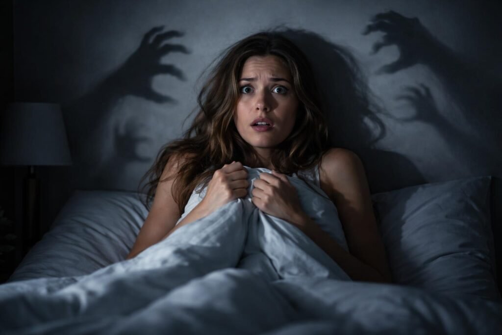 Rémálmokat átélő nő az ágyában, félelmetes árnyakkal.