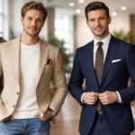 Két férfi divatos blézerben és zakóban, stílusos bemutatóteremben.