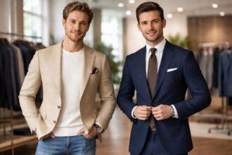 Két férfi divatos blézerben és zakóban, stílusos bemutatóteremben.