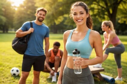 Fiatal sportolók edzenek a szabadban, mosolyogva és energikusan.