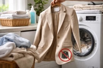Egy blézer, amelyet nem szabad mosni a mosógépben.