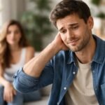 Egy zavarban lévő pasi ül egy kanapén, mögötte egy nő.