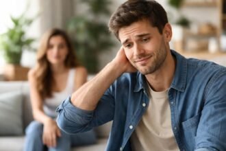 Egy zavarban lévő pasi ül egy kanapén, mögötte egy nő.