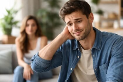 Egy zavarban lévő pasi ül egy kanapén, mögötte egy nő.