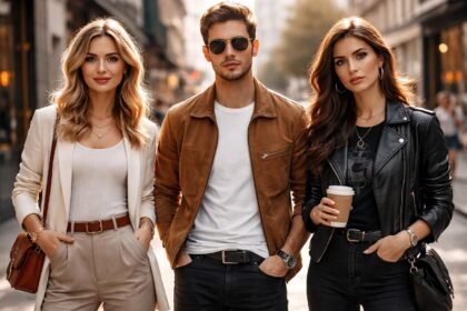 Fiatal felnőttek divatos utcai öltözködése városi környezetben.