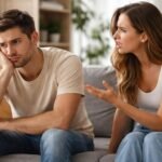 Párkapcsolati vita: nő beszél, férfi figyelmetlenül ül