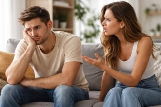 Párkapcsolati vita: nő beszél, férfi figyelmetlenül ül