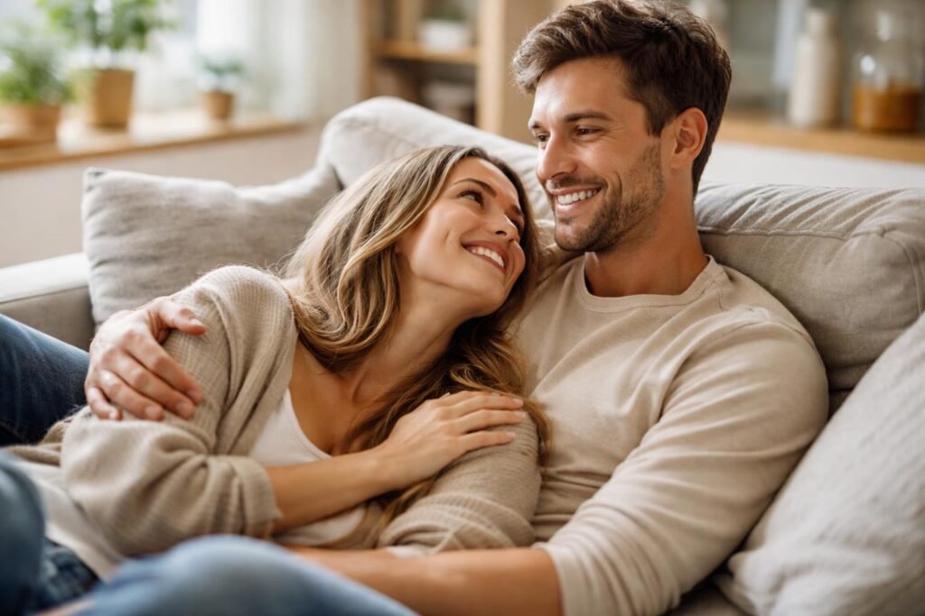 Egy pár a kanapén, boldogan néznek egymásra, kapcsolatuk jelképezve.
