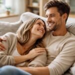 Egy pár a kanapén, boldogan néznek egymásra, kapcsolatuk jelképezve.
