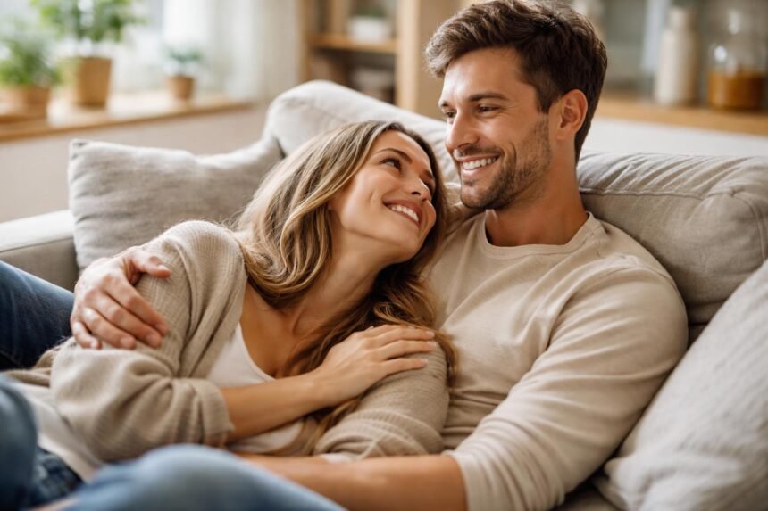 Egy pár a kanapén, boldogan néznek egymásra, kapcsolatuk jelképezve.