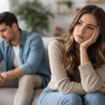 Párkapcsolati konfliktus, ahol a nő a gondolataiba merülve néz.