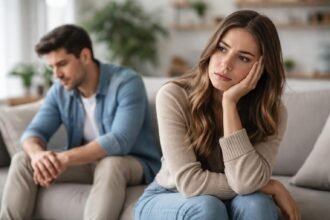 Párkapcsolati konfliktus, ahol a nő a gondolataiba merülve néz.