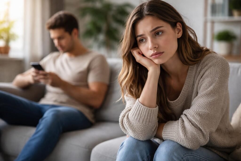 Egy nő, aki szomorúan figyel, míg a barátja telefonozik.