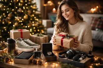 Nő ajándékokat választ karácsonyi ünnepekhez.