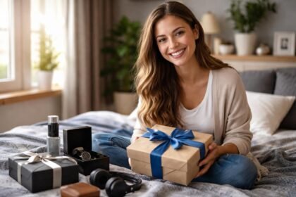 Egy nő ajándékot tart a kezében, körülötte ajándékdobozok.