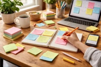 Öntapadós jegyzettömb és tanulás munkakörnyezetben