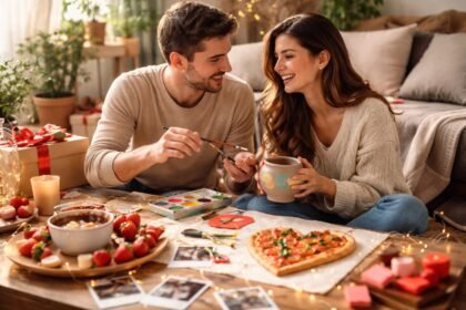 Fiatal pár Valentin-napi kreatív meglepetés közben, festéssel és édességekkel.