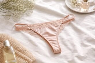 Rózsaszín tanga bugyi virágok és parfüm mellett