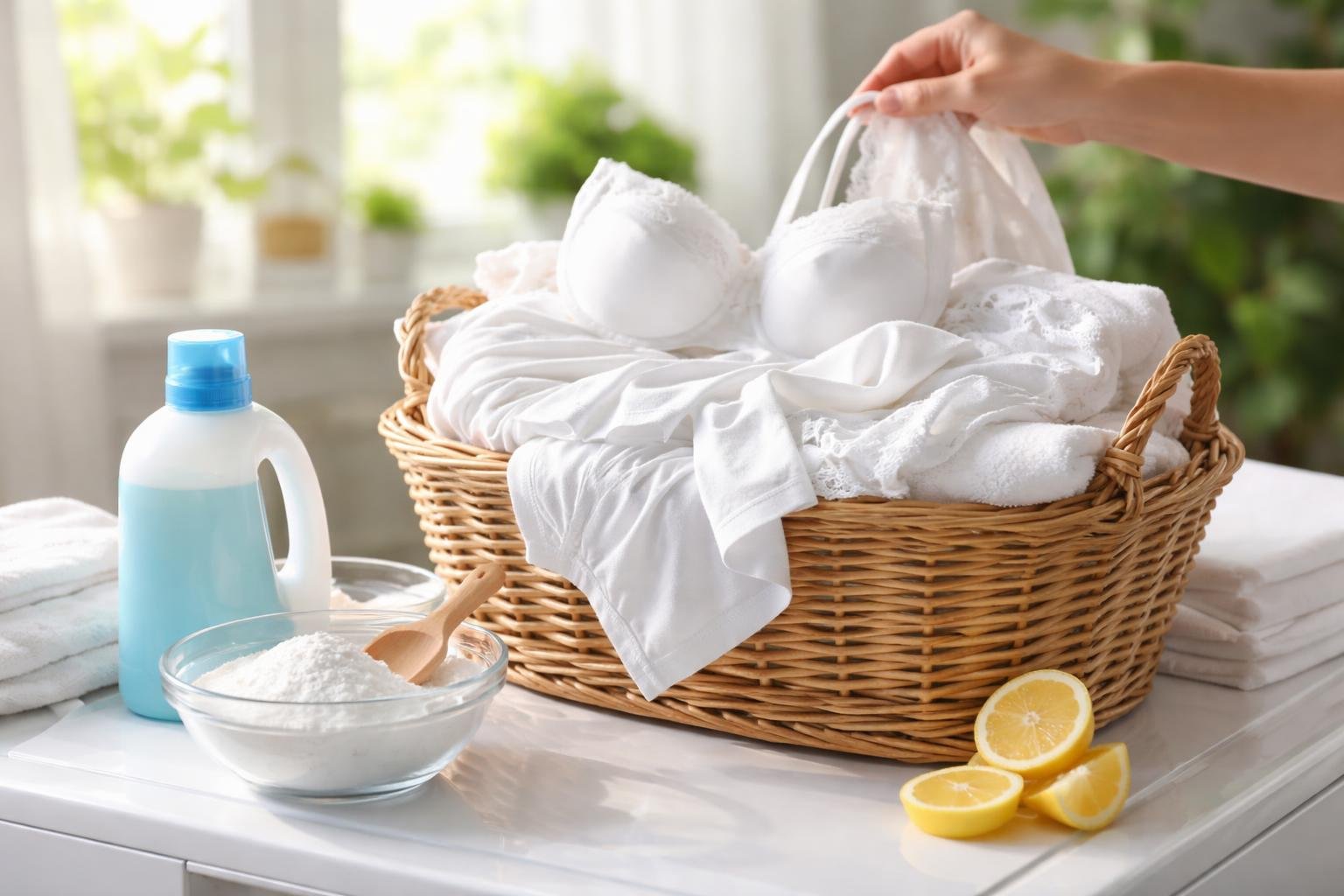 Fehérnemű és háztartási fehérítők kosárban otthoni környezetben.