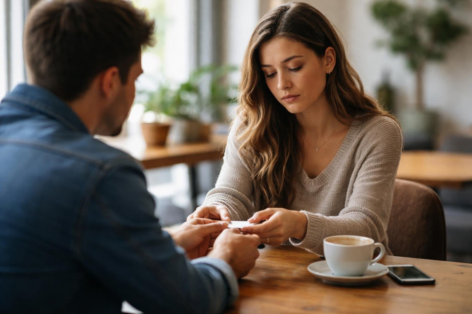 Két ember beszélget egy kávézóban a szakításról.
