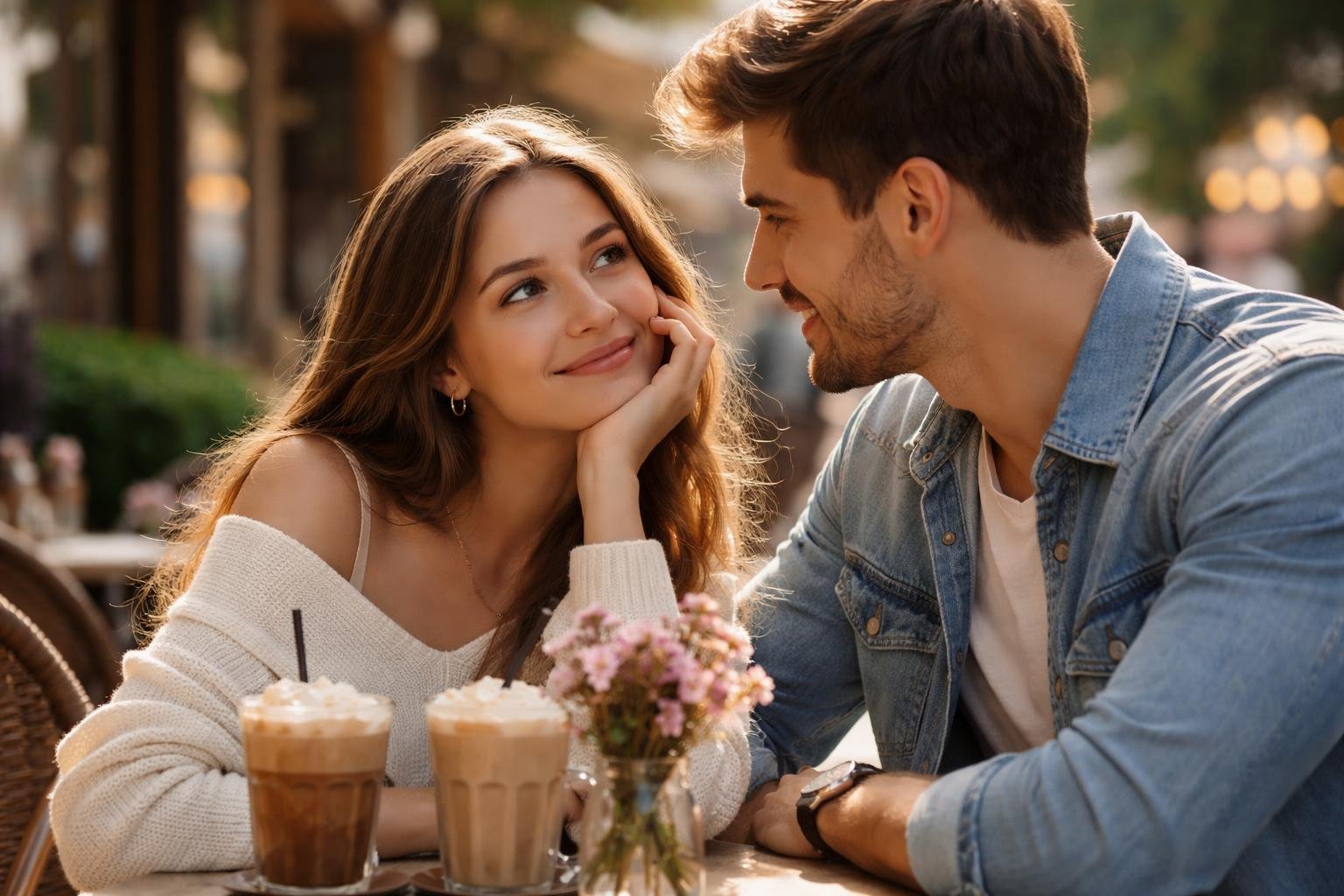 Fiatal pár romantikus kávézóban, egymásra mosolyognak.