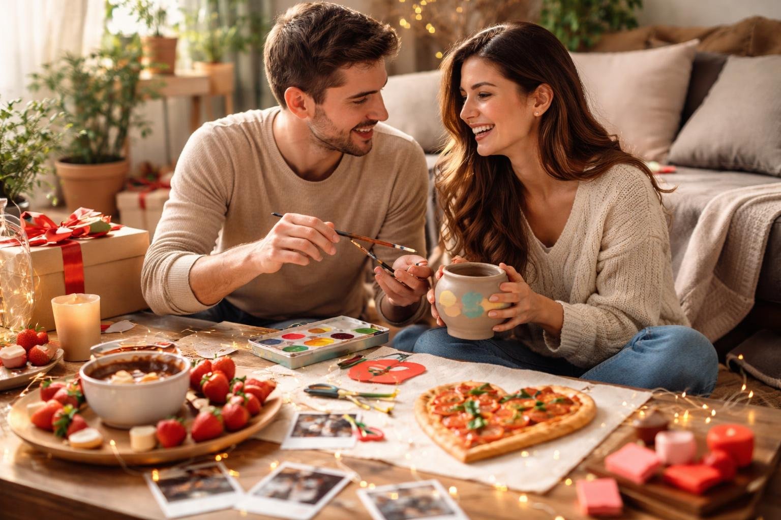 Fiatal pár Valentin-napi kreatív meglepetés közben, festéssel és édességekkel.