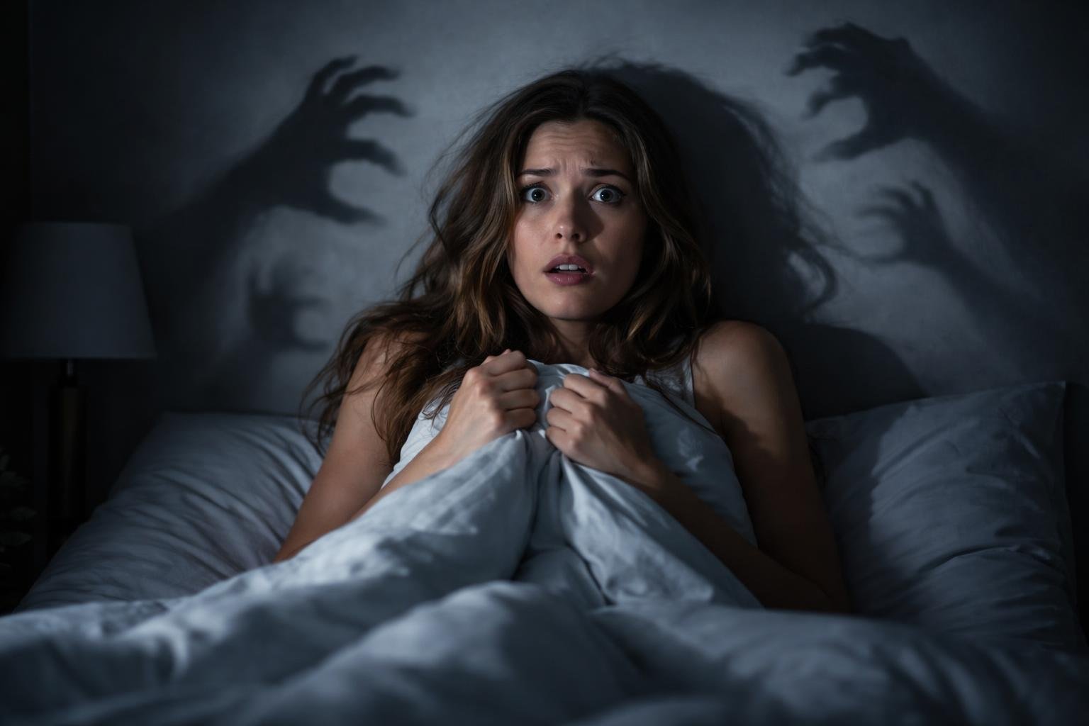 Rémálmokat átélő nő az ágyában, félelmetes árnyakkal.