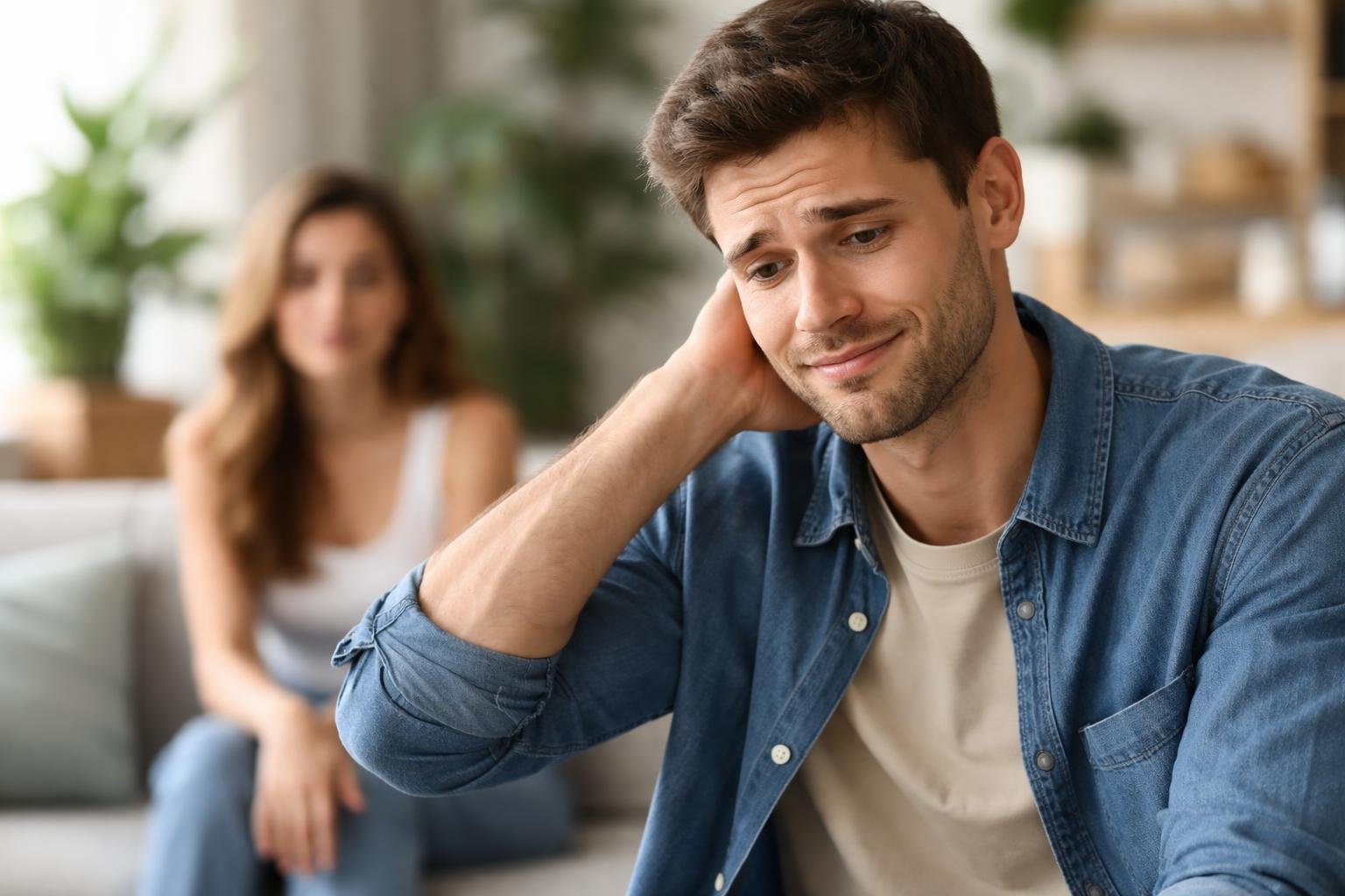 Egy zavarban lévő pasi ül egy kanapén, mögötte egy nő.
