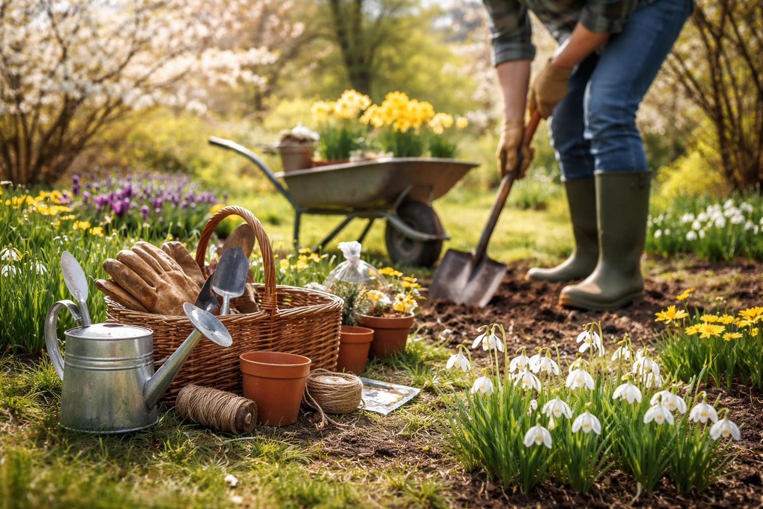 Tavaszi kerti munka, hóvirágok és szerszámok az udvarban.