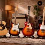 Különböző gitártípusok egy stúdióban