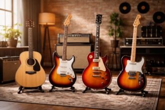 Különböző gitártípusok egy stúdióban