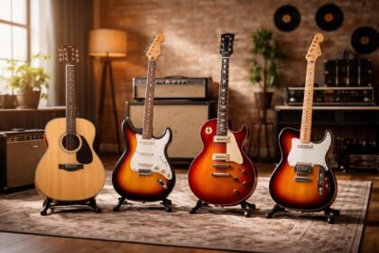 Különböző gitártípusok egy stúdióban