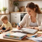 Anya tanul angol nyelvvizsgára, miközben kisgyerek játszik.