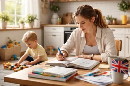 Anya tanul angol nyelvvizsgára, miközben kisgyerek játszik.