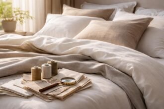 Minőségi ágyneműhuzat és anyagminták a hálószobában.
