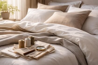 Minőségi ágyneműhuzat és anyagminták a hálószobában.